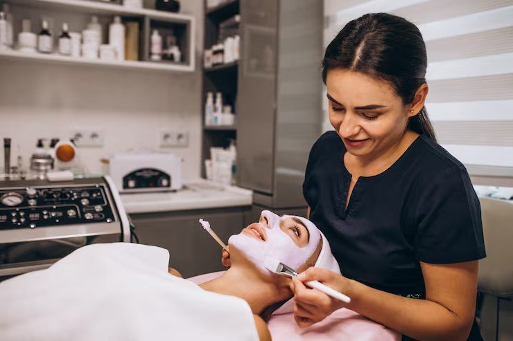 Cosmetologist applying a facial mask during a medi-facial