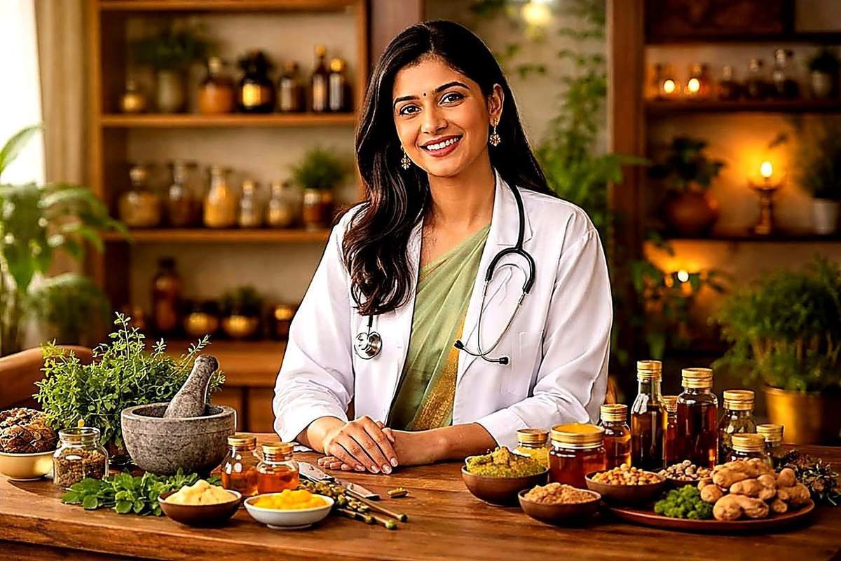 Ayurvedic doctor preparing herbs and oils at Arogya Ayurvedic Chikitsalay, Nirala Nagar