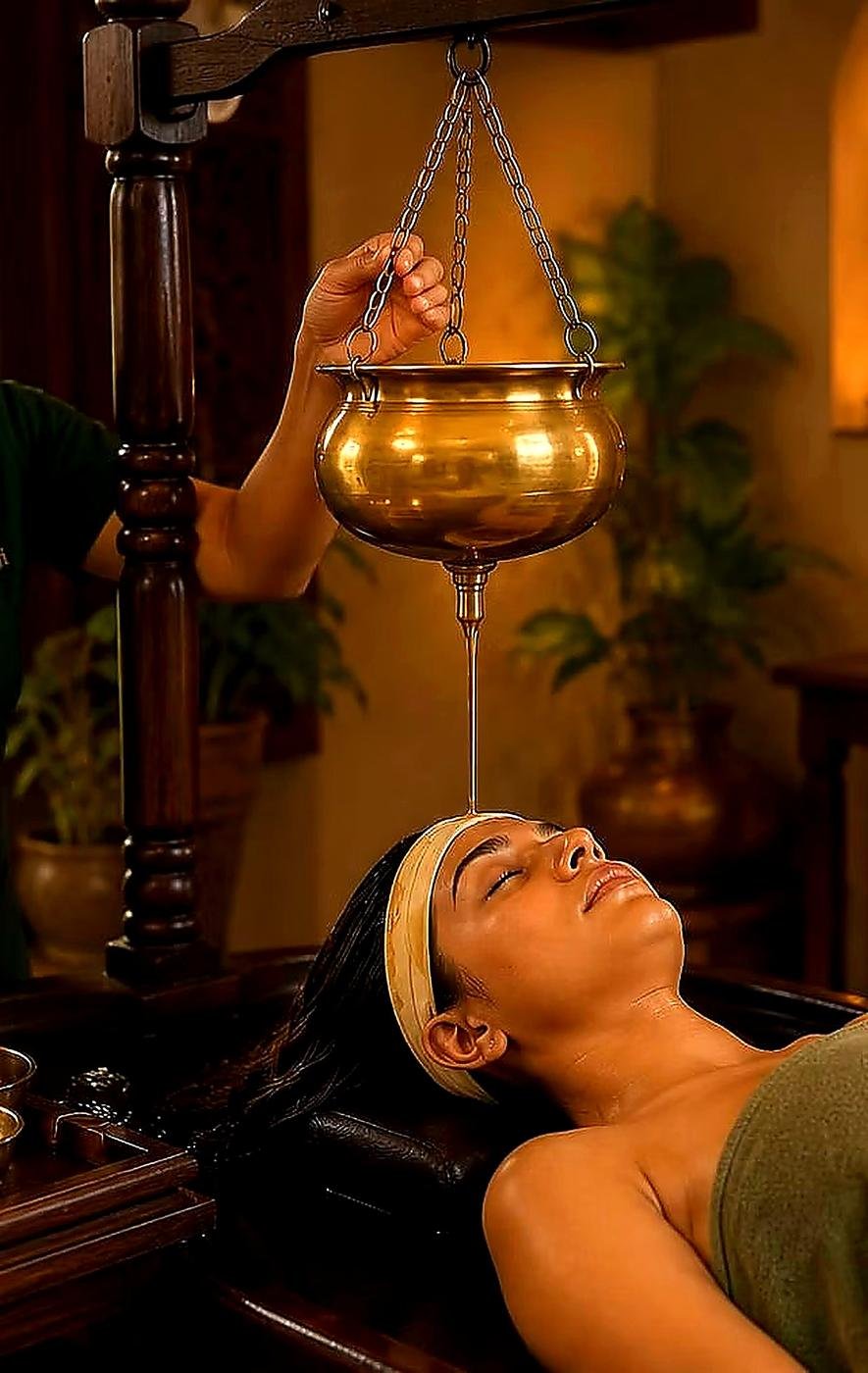 Shirodhara warm oil therapy being performed
