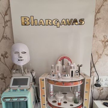Salon skincare equipment wall at Bhargavas Unisex Salon
