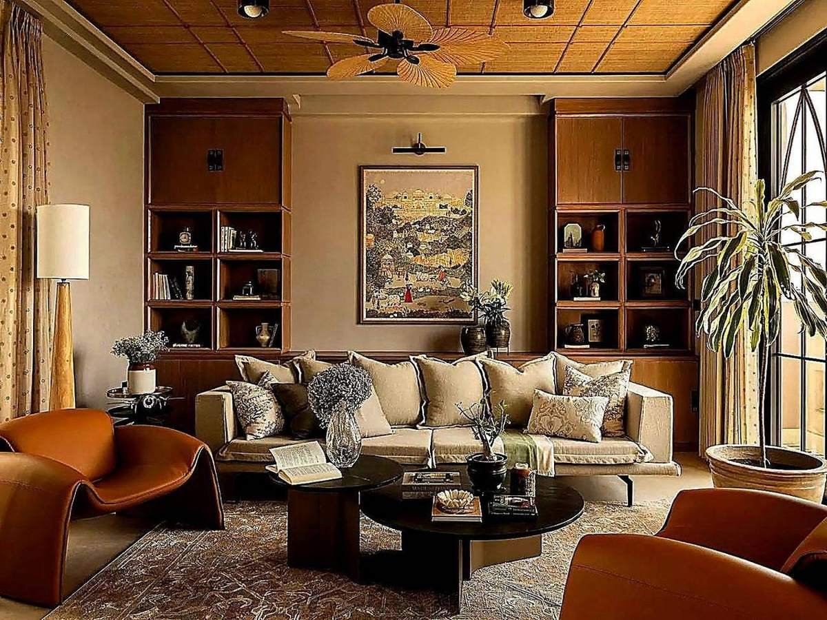 Warm contemporary living room with bookshelves and art by Curated Comfort, interior designer Lucknow