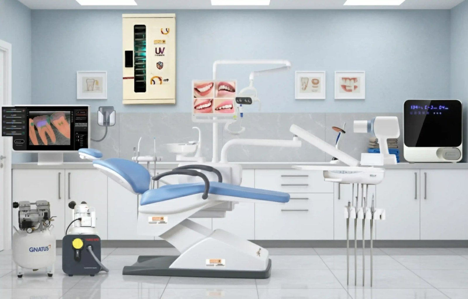 Dental chair and instrument setup ready for a procedure