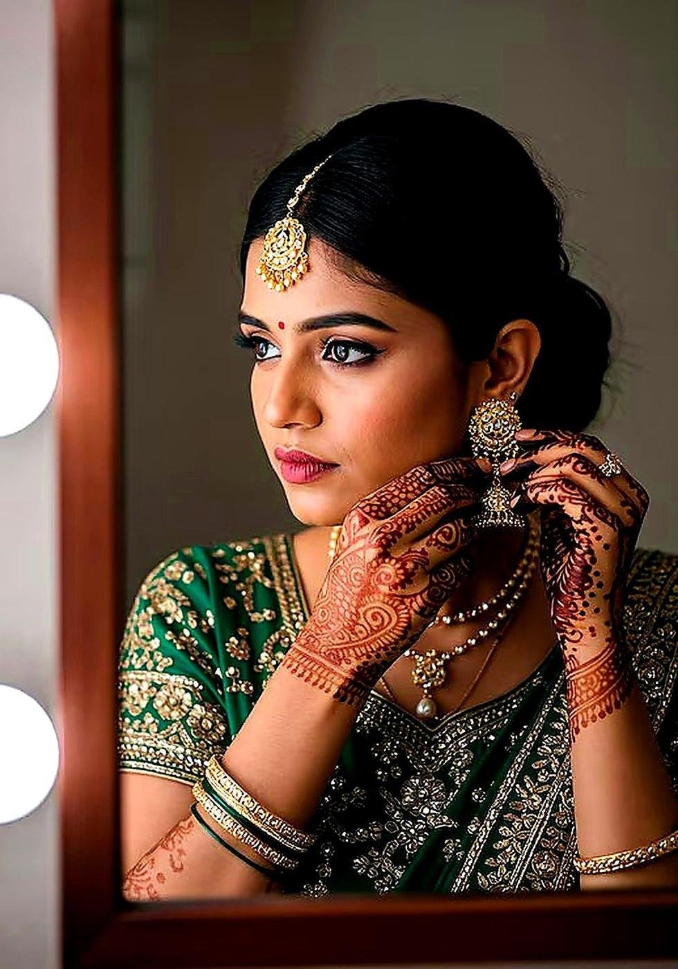 Bride getting ready at mirror with jewellery at Lucknow bridal salon