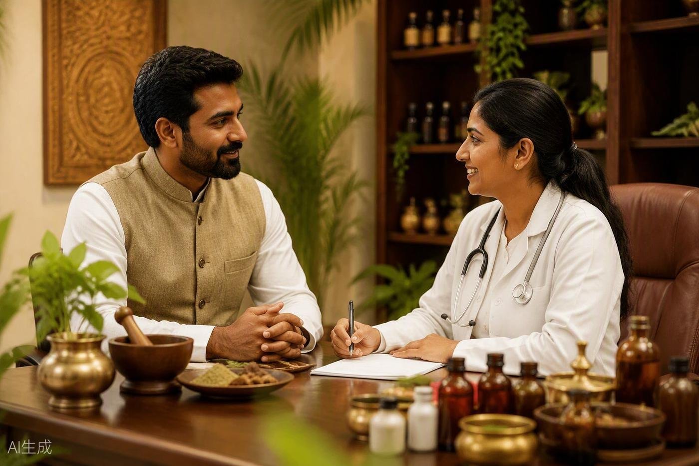 Close-up of ayurvedic pulse reading on a patient's wrist