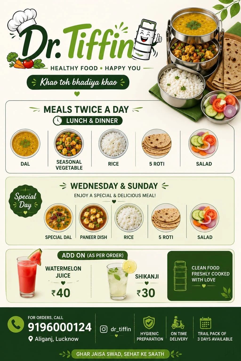 Dr. Tiffin meal plan menu poster, Aliganj Lucknow