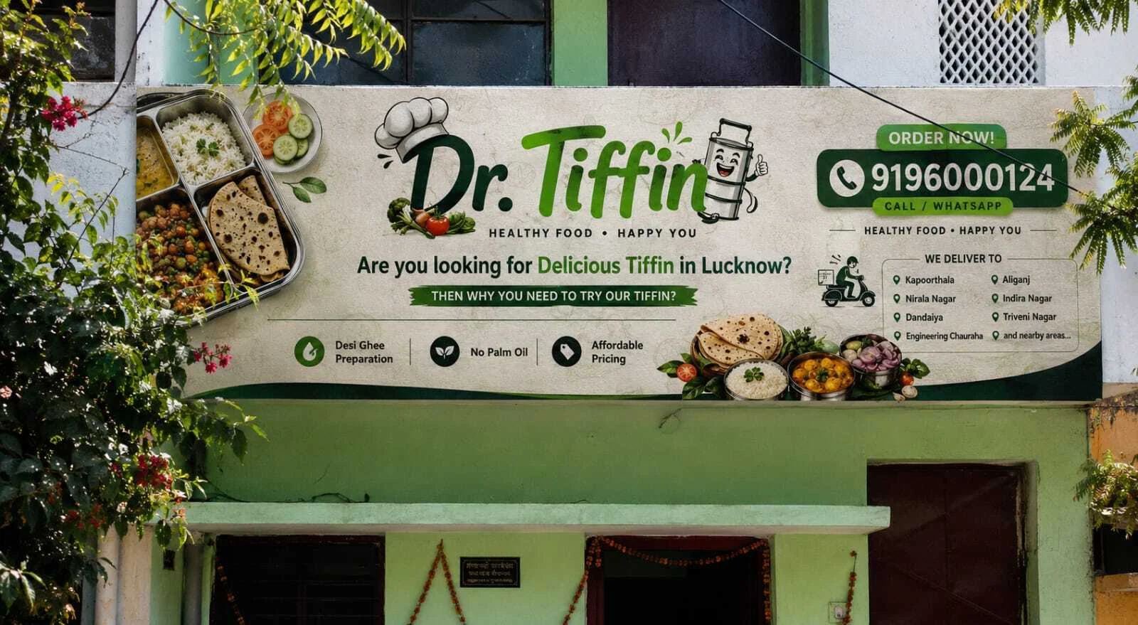 Dr. Tiffin storefront banner in Aliganj, Lucknow