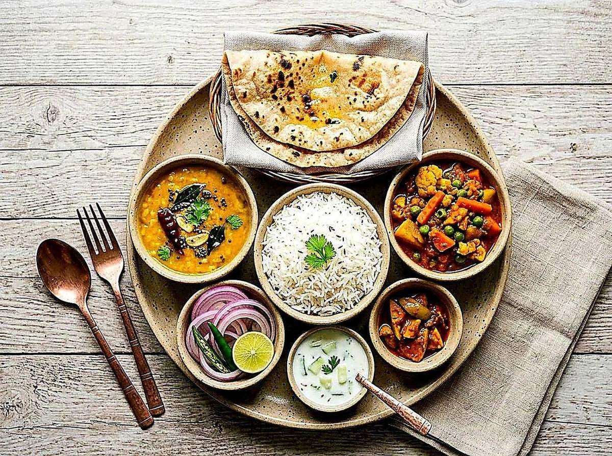 Fresh Indian veg thali with dal, sabzi, rice and roti — tiffin service in Aliganj Lucknow