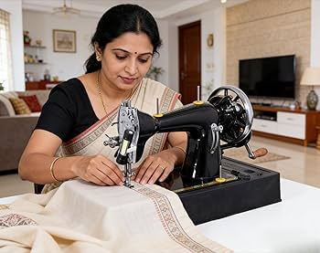 Woman stitching fabric on tailoring machine
