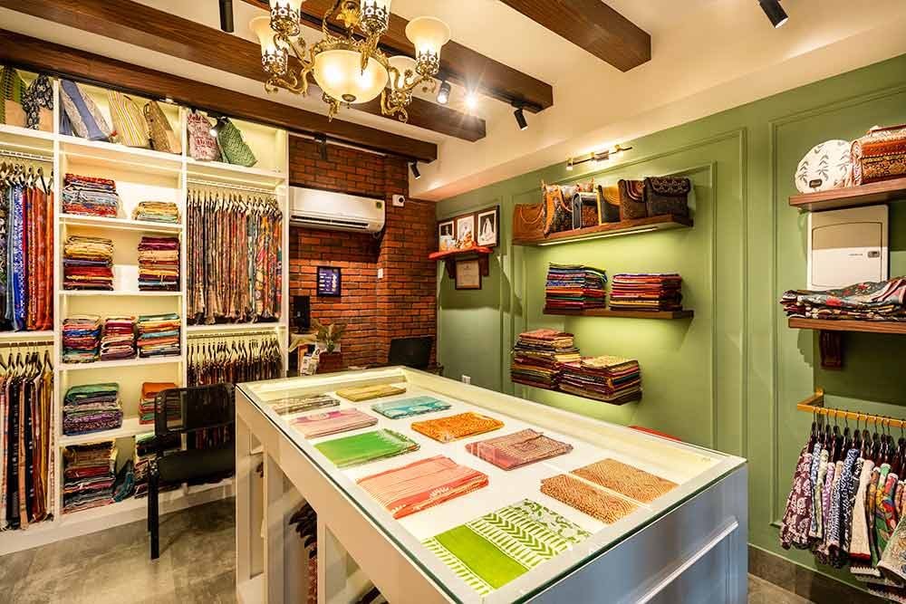 Boutique interior with fabric shelves