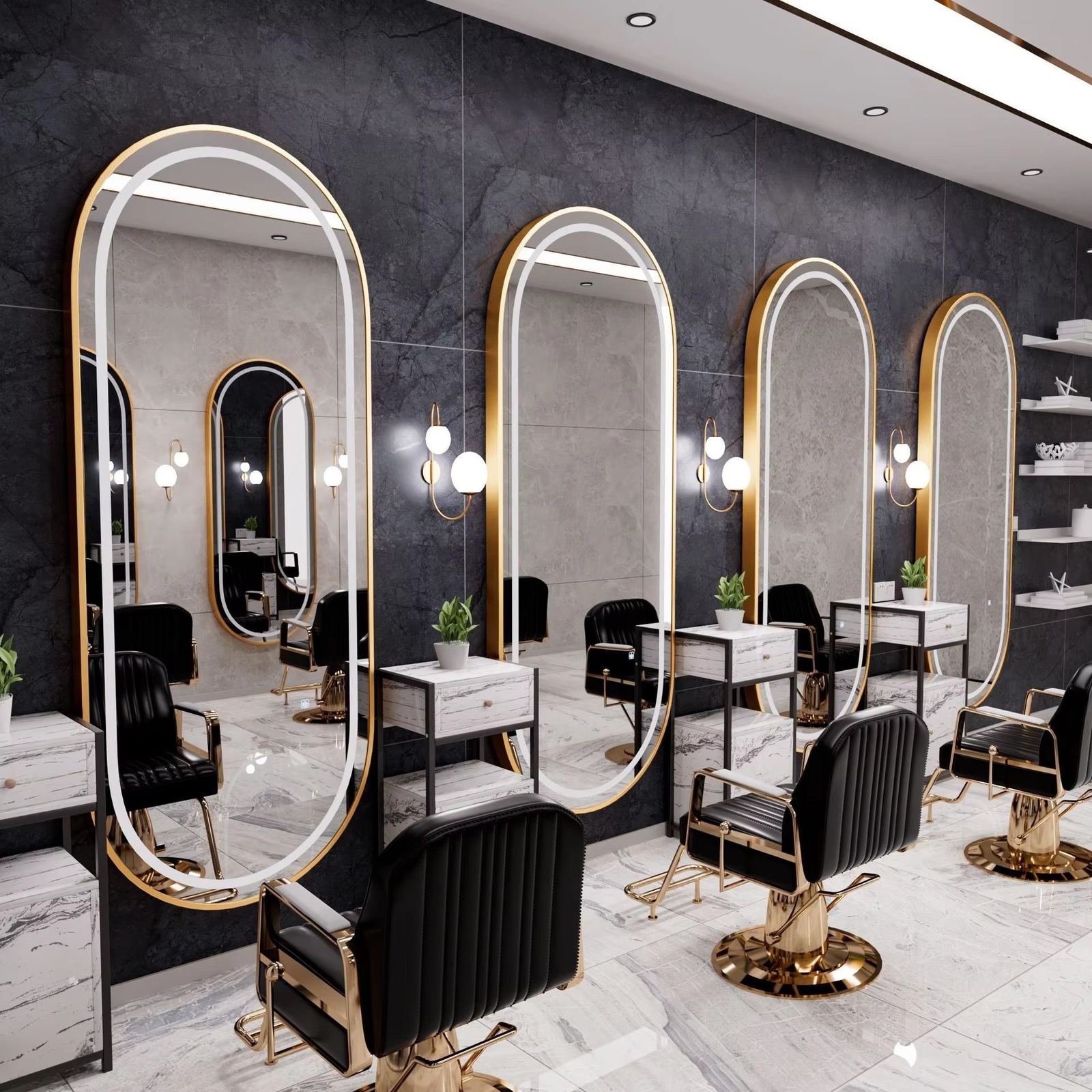 Luxury gold-trim salon stations with arch LED mirrors at Golden Unisex Salon Gomti Nagar Lucknow