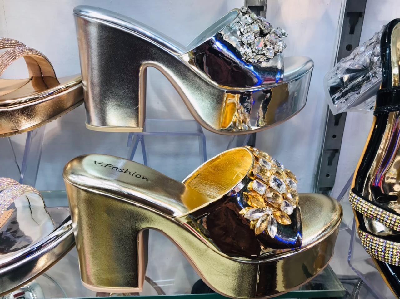 Embellished platform heels on display