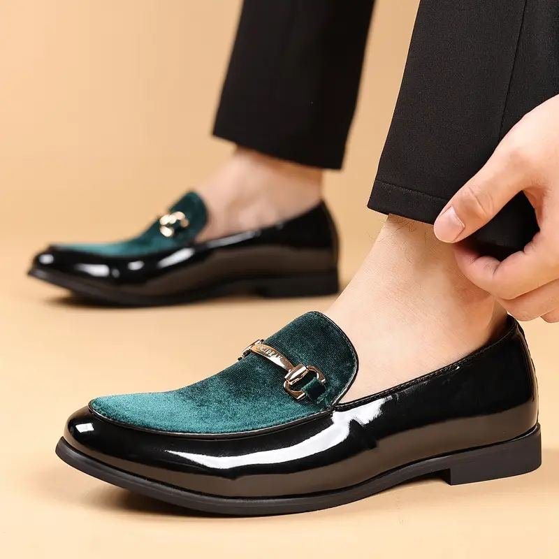 Glossy black-velvet loafers worn shot