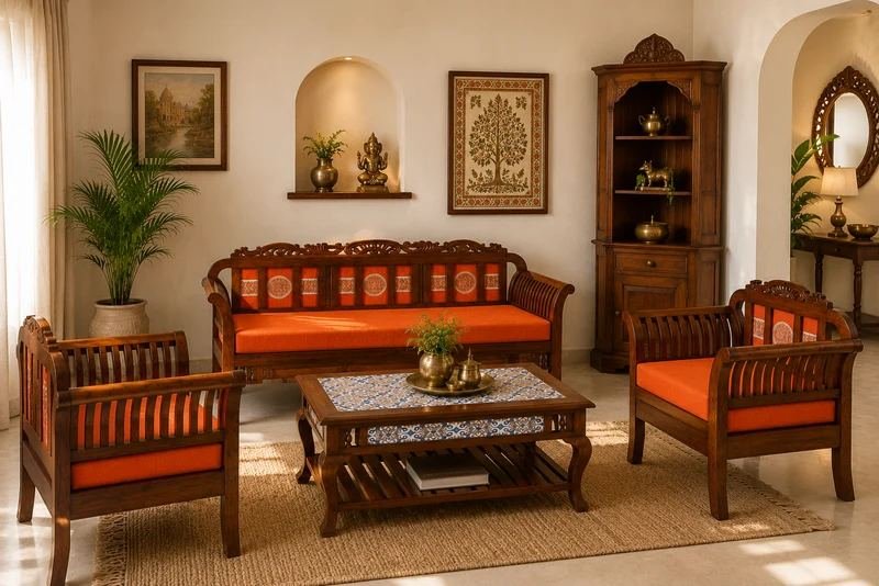 Teak wood sofa set with coffee table in a living room, sofa set by Lucknow Furniture House