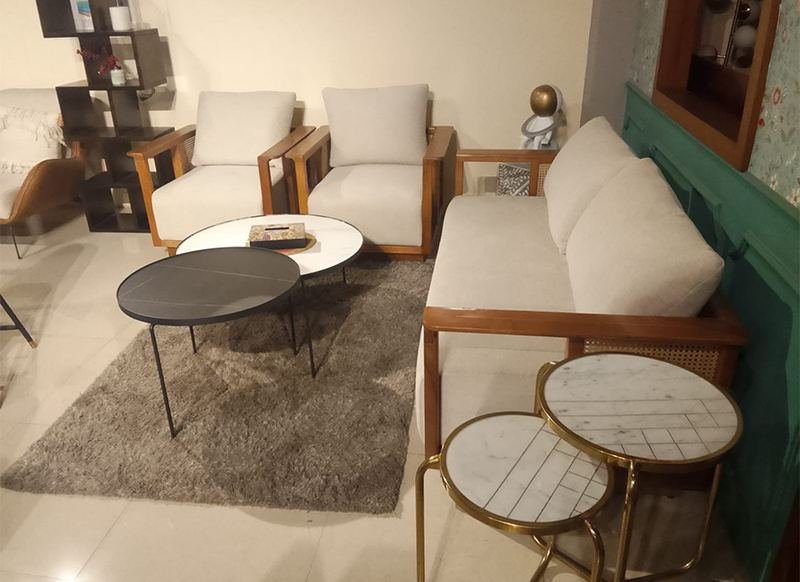 Sofa sets on showroom display — Nainital Furniture House, Gomti Nagar, Lucknow