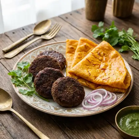 Galouti kebab with sheermal at New Mubeen Sameera Hotel Lucknow