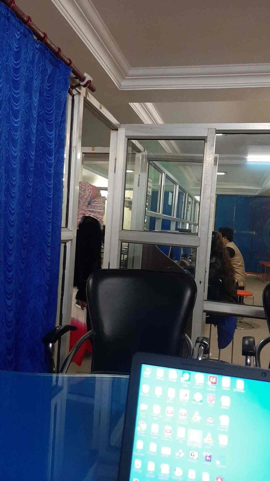 Computer lab interior with monitors