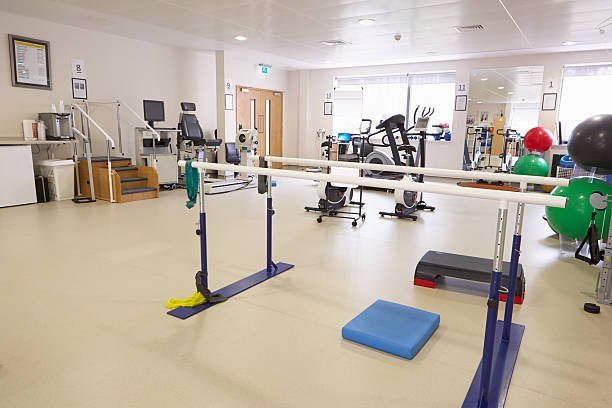 Physiotherapy rehabilitation gym with strengthening equipment
