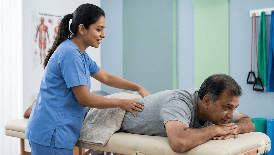 Physiotherapist treating a senior patient's back at Prabha Physiotherapy, Gomti Nagar