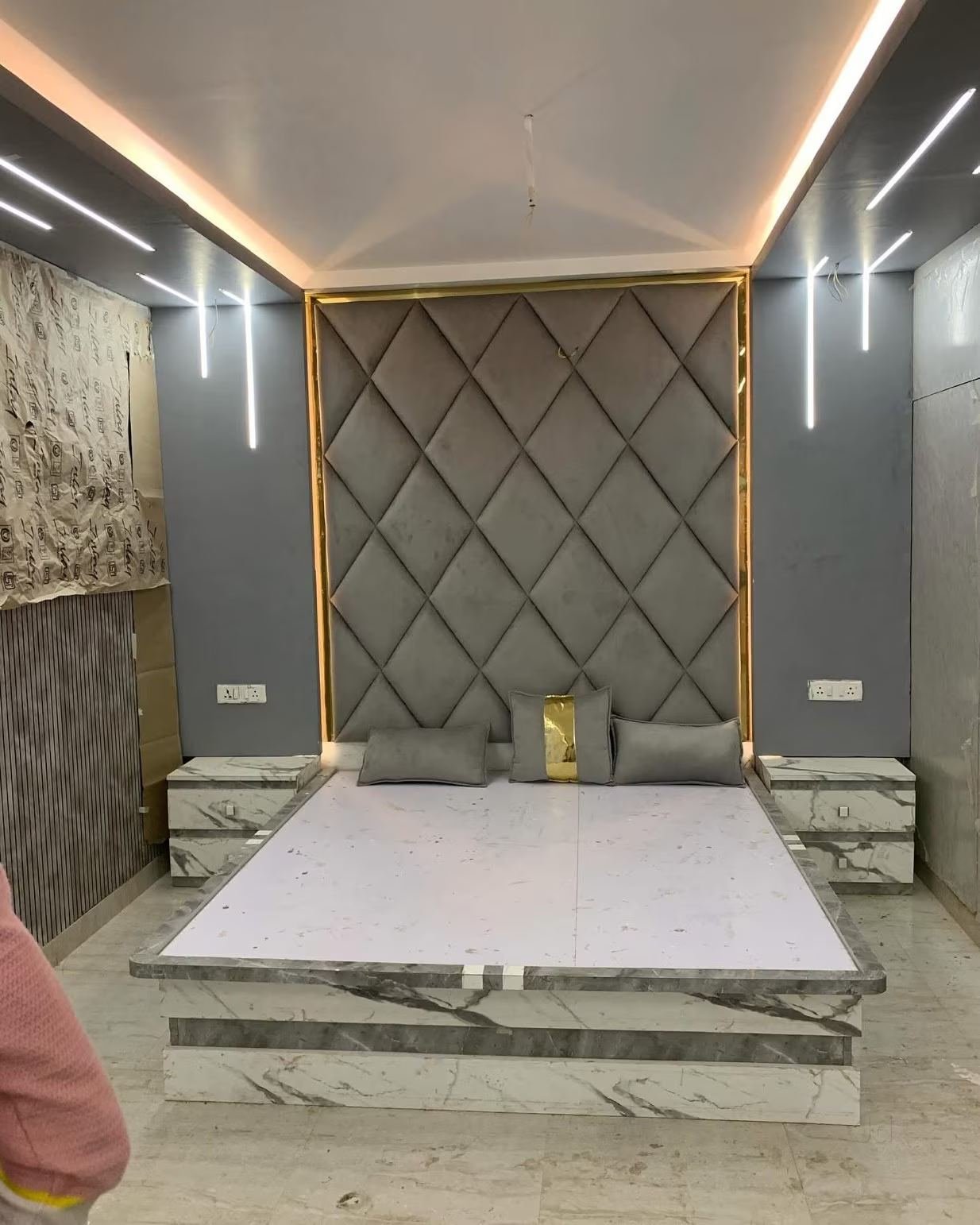 Bedroom upholstered headboard wall paneling by our team — wall paneling & headboards in Kakori, Lucknow