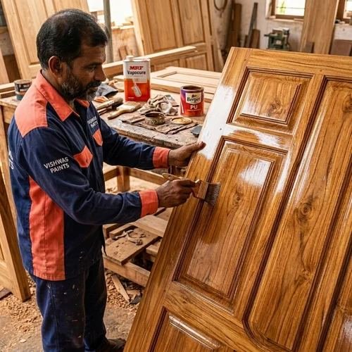 Carpenter polishing a wooden door in the workshop — door & repair work in Kakori, Lucknow