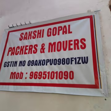 Sakshi Gopal Packers and Movers shop banner with GSTIN and contact, Jankipuram Lucknow