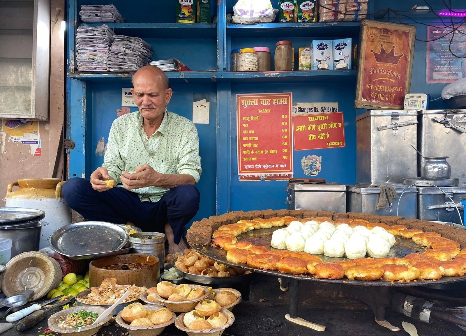 Tawa full of aloo tikki and dahi bhalla at Shukla Chaat House, Hazratganj Lucknow