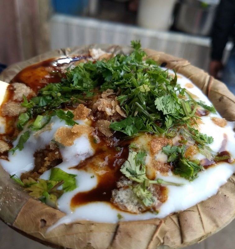 Dahi bhalla chaat in dona with chutneys at Shukla Chaat House Lucknow