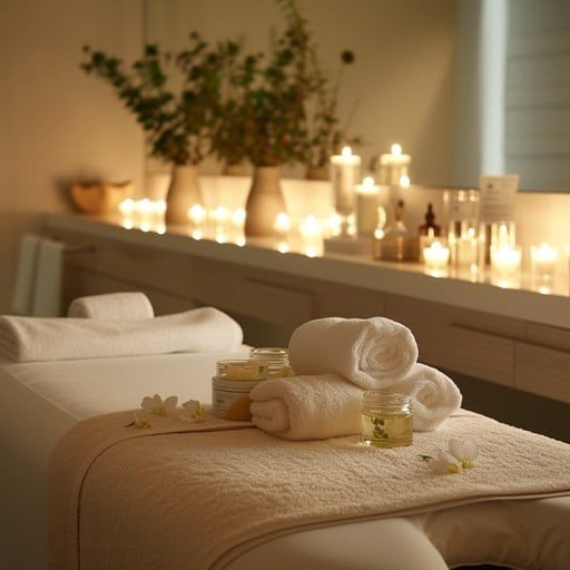 Spa bed with towels and candles ambience for massage