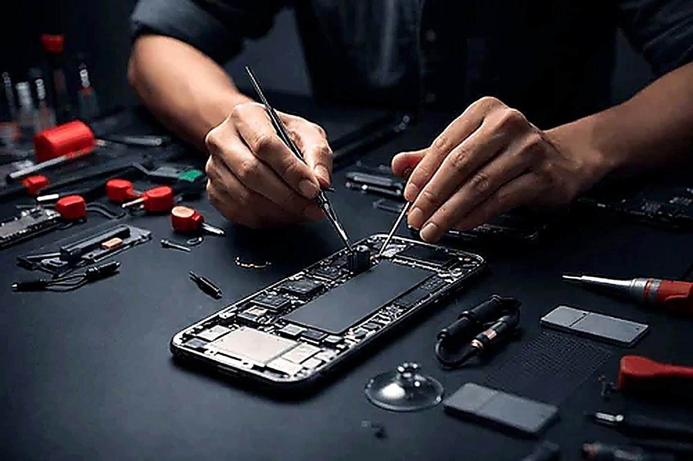 Precision motherboard repair with tweezers — Sunny Mobile Repairing Centre, Indira Nagar, Lucknow