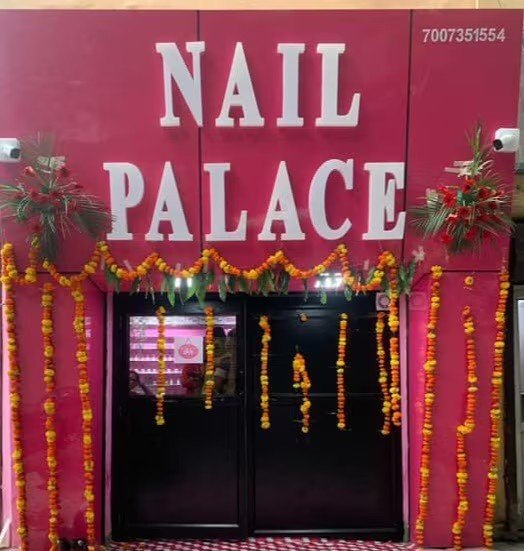 The Nail Palace storefront with marigold decor, Charbagh Lucknow