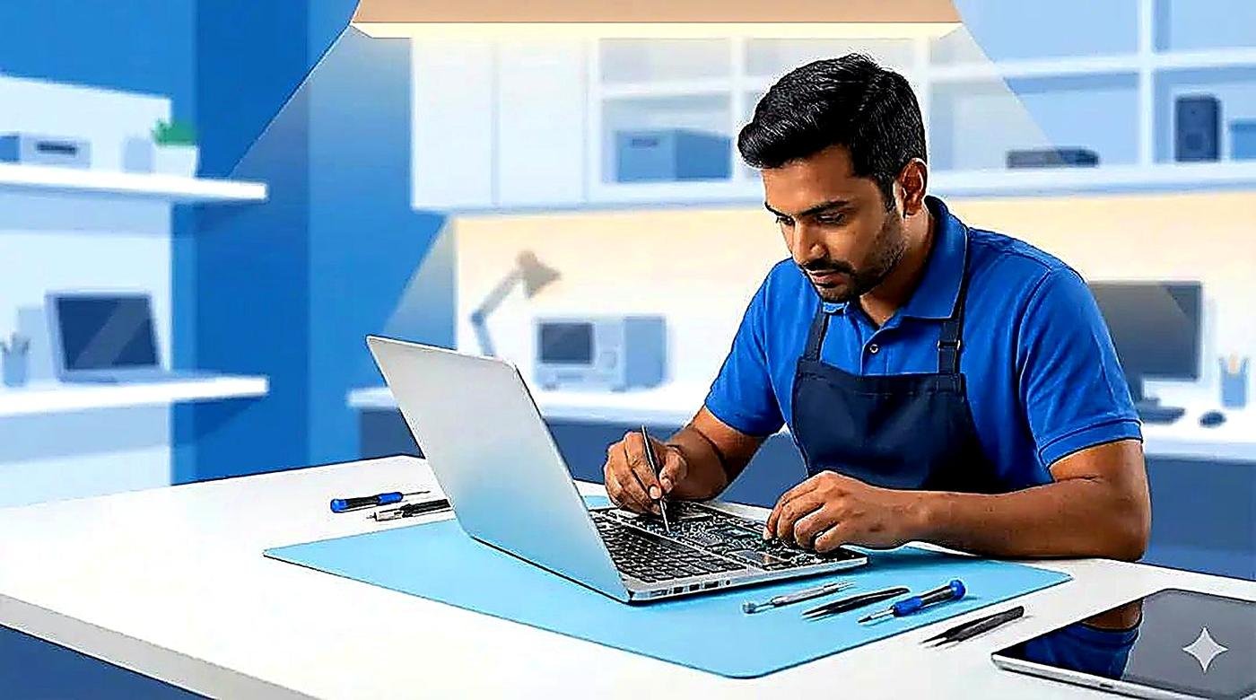Laptop repair technician working at the lab bench — laptop repair & upgrade in Indira Nagar, Lucknow