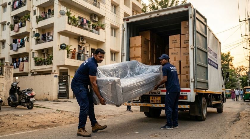 Uniformed movers carrying a wrapped sofa to a truck, Verma Packers Lucknow