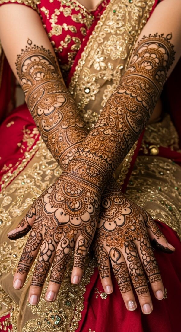 Elegant full-hand bridal mehndi on red lehenga, Lucknow bride