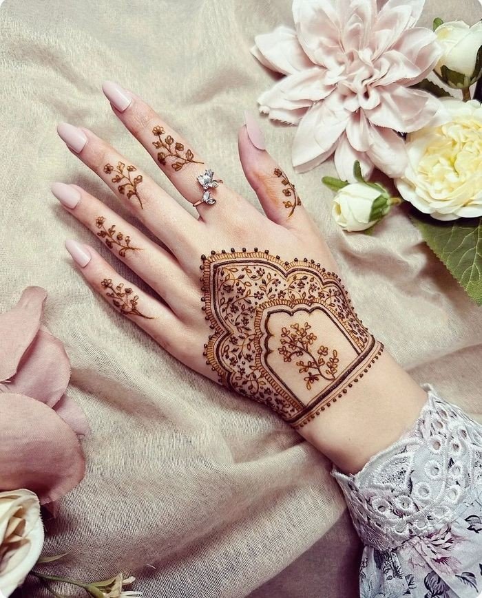 Arabic mehndi design on back of hand with florals