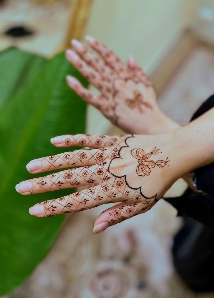 Lattice jaali mehndi design on both hands