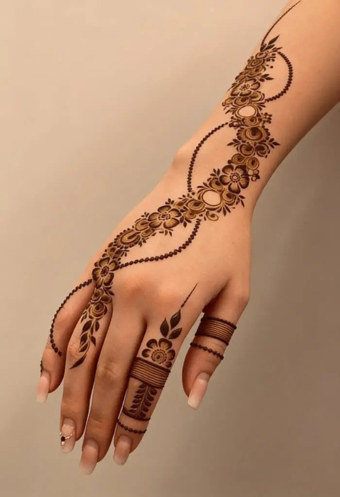 Floral chain mehndi design on back hand for engagement