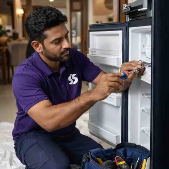Zain Refrigeration technician repairing a refrigerator at a home in Wazirbagh, Lucknow
