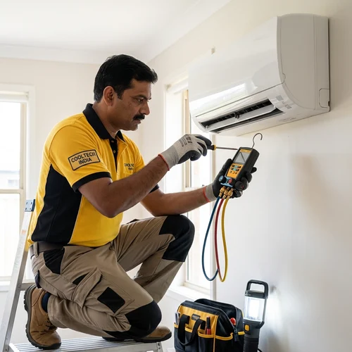 Technician gas-refilling a split AC with manifold gauges — split ac repair in Wazirbagh Mohallah, Lucknow