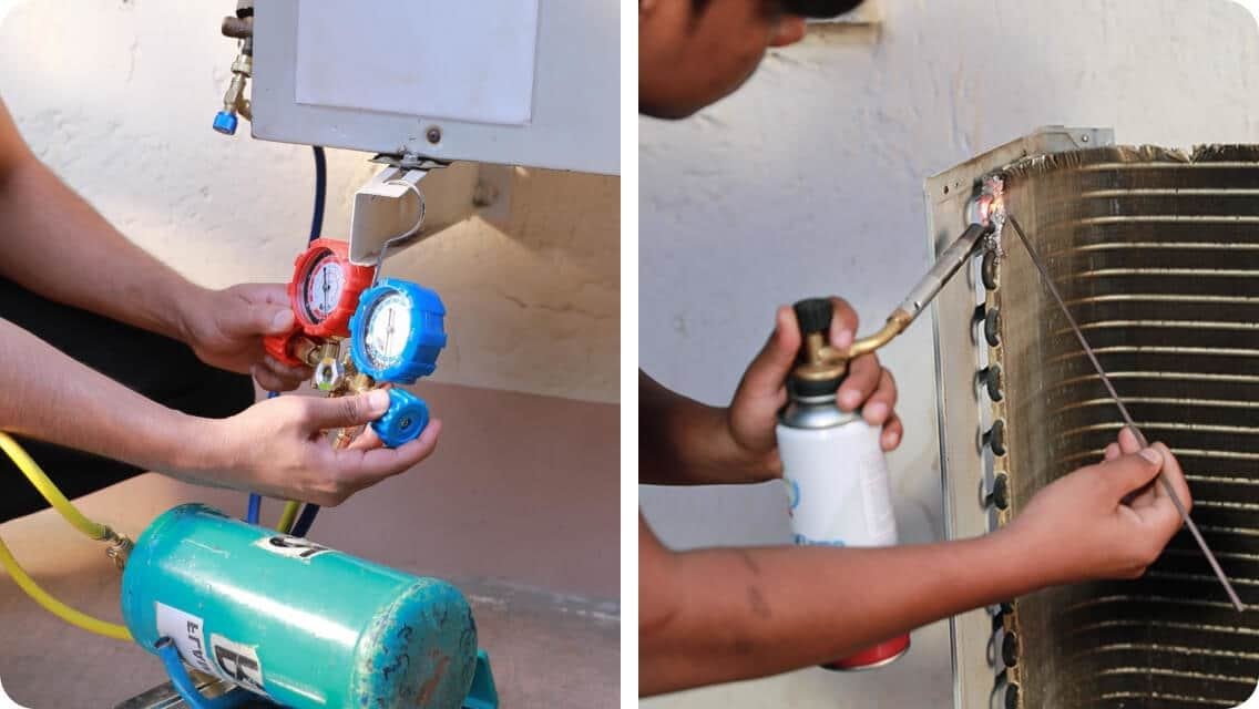 AC gas refill and condenser coil brazing work — ac amc & jet cleaning in Wazirbagh Mohallah, Lucknow